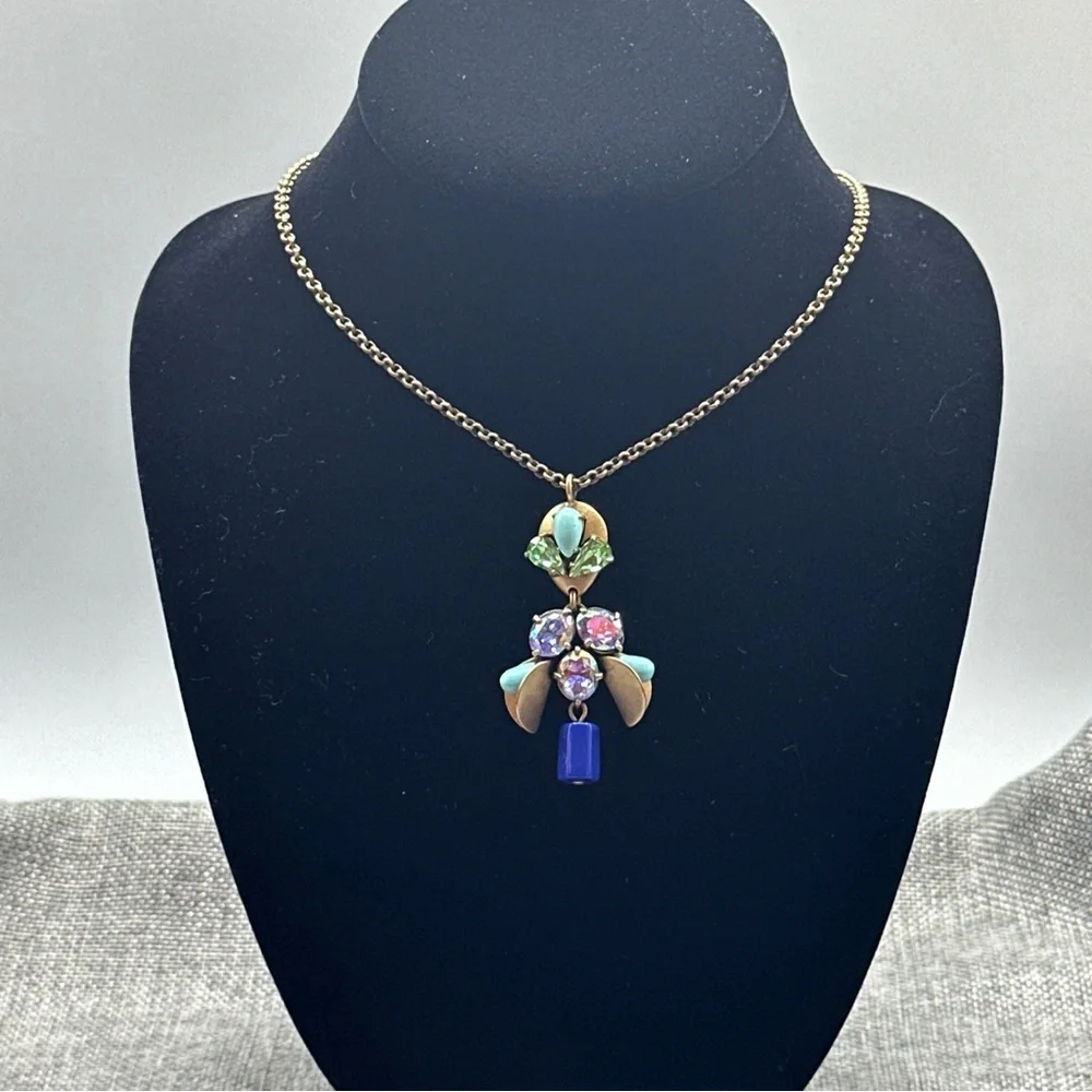 J CREW Antique Brass Glass Rhinestones flowers pendant, necklace‎ # 77